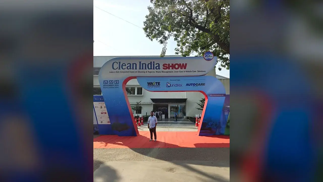 Ravi Ranjan of humblx at the Clean India Show 2024 entrance arch, Bombay Exhibition Centre, Mumbai