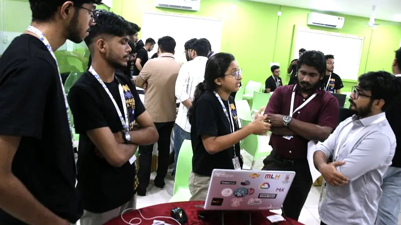 A student team presenting its project to the judges at Make-a-Ton 7.0, CUSAT