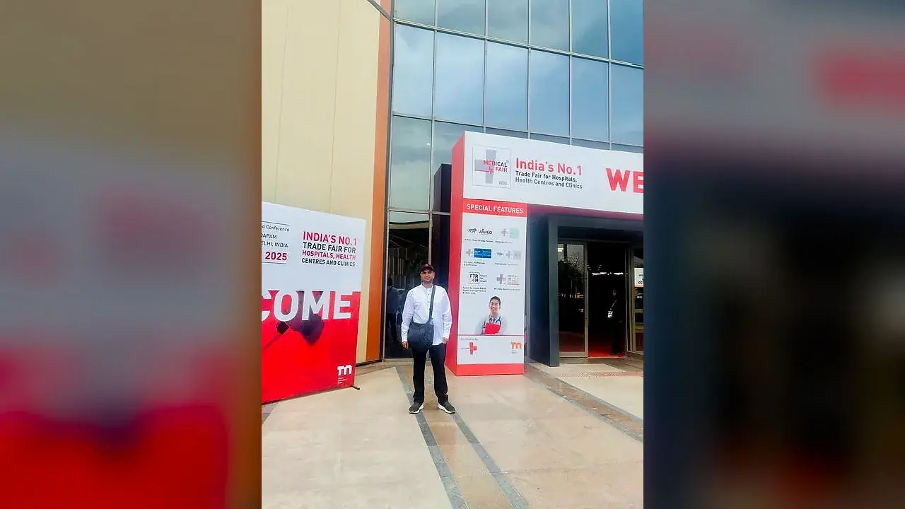 Ankit Rajput of humblx at the entrance to Medical Fair India 2025, Bharat Mandapam, New Delhi